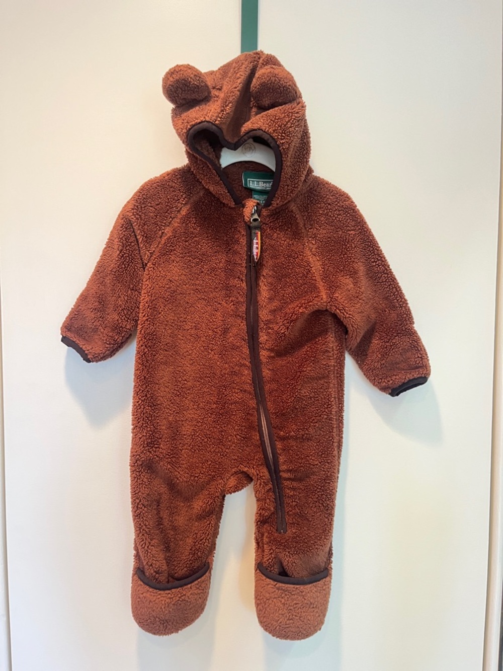 L.L. Bean Brown Teddy Fleece Baby Footie with Hood and Ears